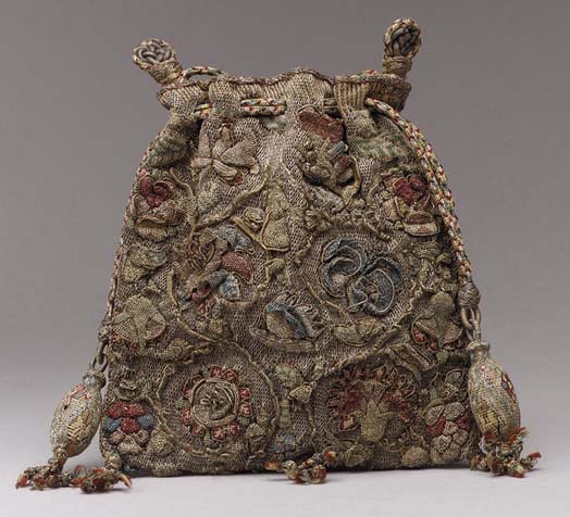 Purse from last quarter of 16th century (England). Colored silks with silver and gold thread on linen. Metropolitan Museum of Art, New York