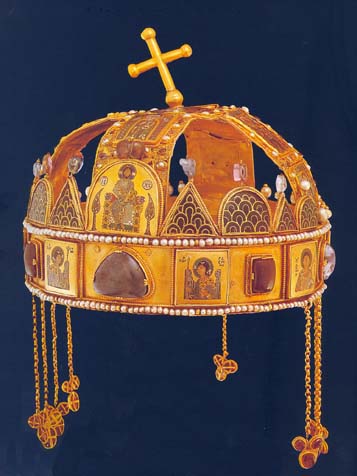 Hungarian royal crown lower and upper parts were fitted together in 12th century. Gold, cloisonne enamel. Hungarian National Museum, Budapest