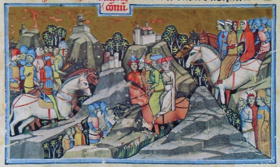 Kepes kronika, Iluminace zobrazující příchod různých etnik do Panónie. Cca 1360, Országos Széchényi Könyvtár, Budapest